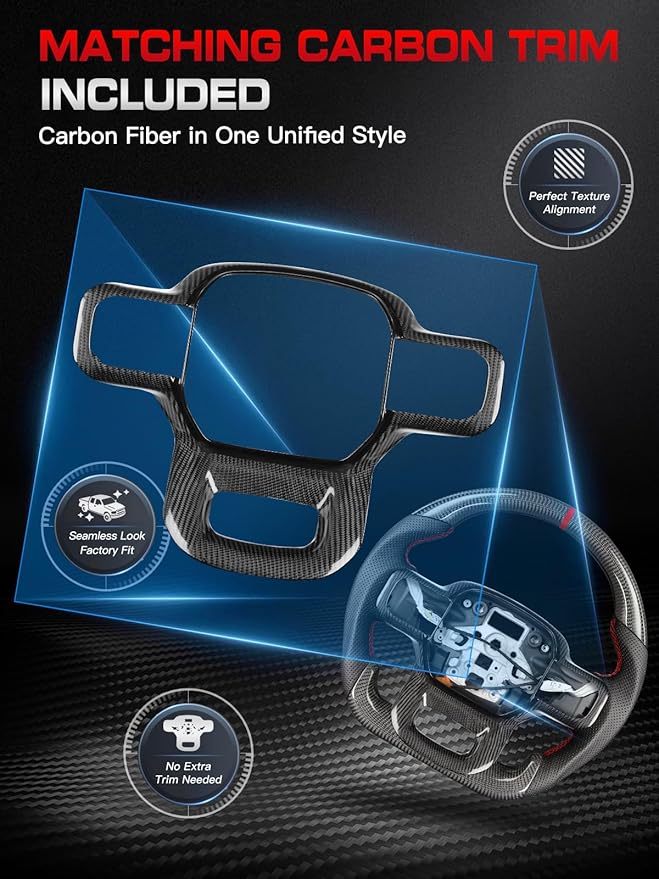 Carbon Fiber Heated Steering Wheel for F150 Raptor 2021–2024, D-Shaped Flat-Bottom, Hand-Stitched Nappa Leather Grip, Matching Decorative Trim Piece, for Raptor with Paddle Shifter Models