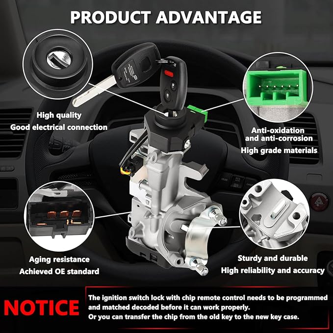 RAMATA 06350-SAA-G30 Ignition Switch Lock Cylinder with Key (with Blank Chip) Compatible with 2009 2010 2011 Honda Civic, Replace # 35100-SDA-A71 (Ignition Chip: 46,Frequency: 313.8Hz)