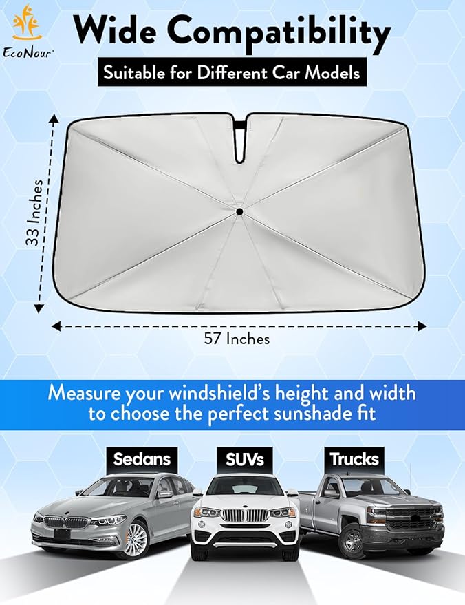[2025 Upgraded] Econour Premium Windshield Umbrella Sun Shade | Foldable Car Window Shade for Front Windshield | Sun Blocker Visor Extender | Heat Protection for Sedans, SUVs, Trucks | Medium 57"x33"