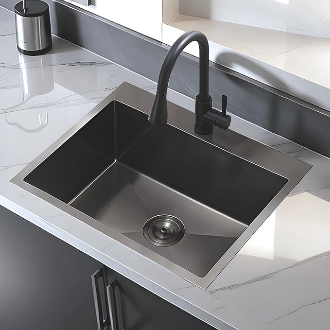 25x22 Drop in Kitchen Sink Black, 25 inch Gunmetal Black Stainless Steel Bar RV Laundry Utility Outdoor Small Sink Topmount Commercial Single Bowl