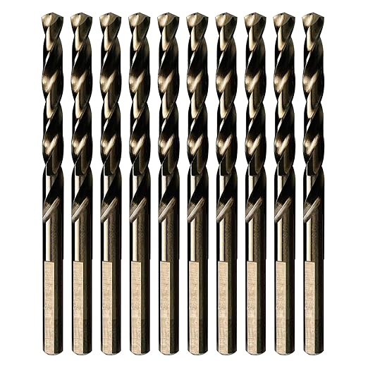 (3/16 Inch, Pack of 10) M35 5% Cobalt Twist Drill Bit Set for Hard Metal, Steel, and Stainless Steel