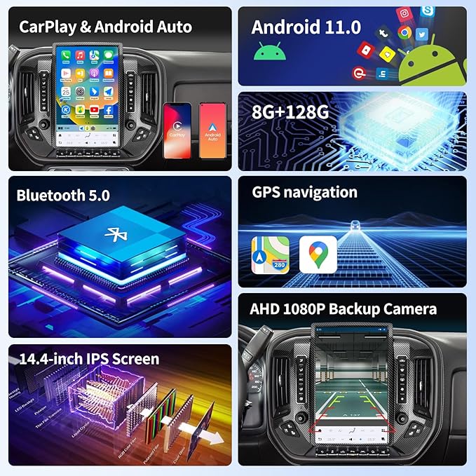 Car Radio for GMC Sierra Chevrolet Silverado 2014-2019 Stereo Radio Replacement Upgraded 8+128G 14.4 Inches 2K Screen Tesla Style Carplay Android Auto GPS Navigation OEM 8 & 4.2 Inch (Carbon Fibre)