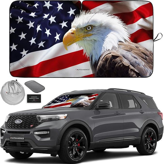 Autoamerics 1-Piece Windshield Sun Shade American Eagle Flag - 2 USA Patriotic Design - Foldable Car Front Window Sunshade for Sedans SUV Truck - Blocks Max UV Rays and Keeps Your Vehicle Cool Medium