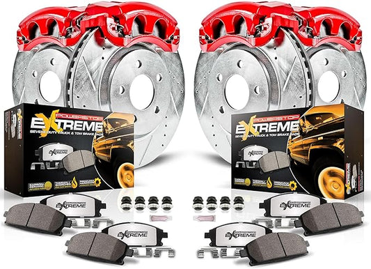 Power Stop KC2010A-36 Front and Rear Z36 Truck and Tow Brake Pads with Drilled Slotted Rotors Kit with Calipers For Chevy Silverado 1500 Sierra 1500 Yukon XL 1500