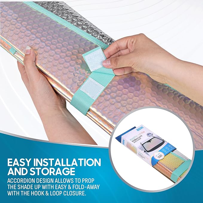 Iridescent Matte White Front Windshield Sunshade-Accordion Folding Shade-Blocks UV Rays- 58 x 27 in