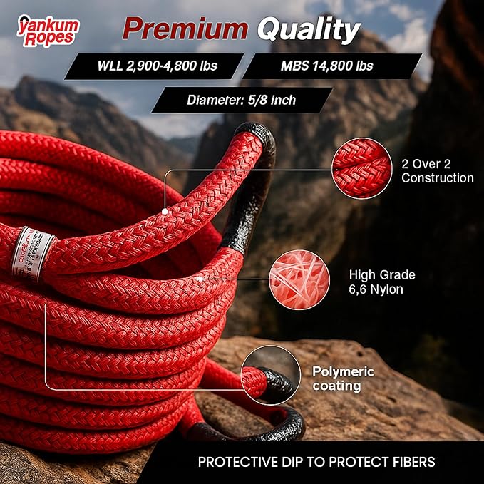 Yankum Kinetic Recovery Rope 5/8”x20’, 2 Soft Shackle 5/16” & Nylon Bag (Small) – Heavy Duty Tow Rope, Synthetic Recovery Shackle, Waterproof Tool Bag for Off-Road, Jeep, Truck Recovery, Made in USA