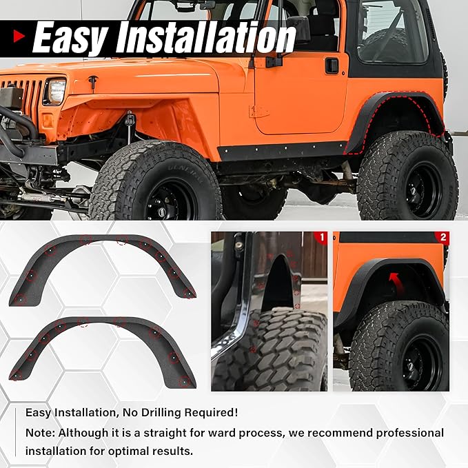 for Wrangler YJ Rear Fender Flares Mud Guard Compatible with 1987 1988 1989 1990 1991 1992 1993 1994 1995 1996 Jeep Wrangler YJ, Off-Road Heavy Duty Steel Wheel Fenders Kit