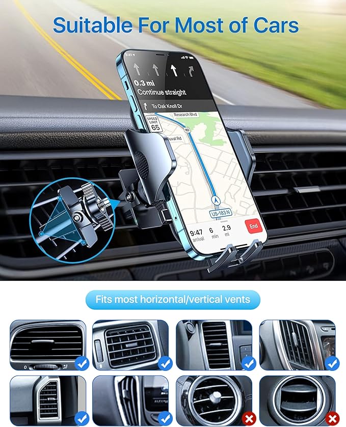 andobil Phone Holders for Your Car - Military Sturdy, Firmly Grip, Never Slip, Car Vent Phone Holder Mount, Phone Mount for Truck Compatible with iPhone 17 16 15 14 13 12 Pro Max Samsung S24, Sliver