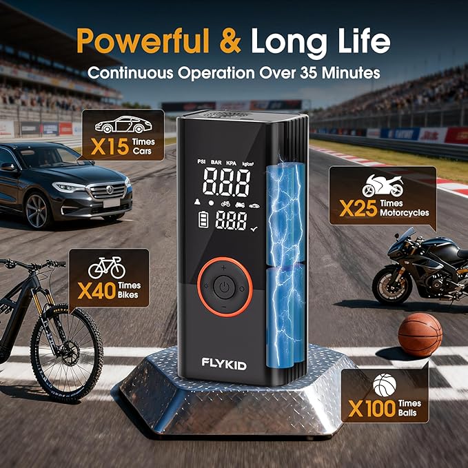 FLYKID Tire Inflator Portable Air Compressor - 150PSI Digital Air Pump for Car Tires, Fast Inflation for SUV/Motorcycle/Bicycle, LED Light, Rechargeable Battery - Roadside Emergency (Large)