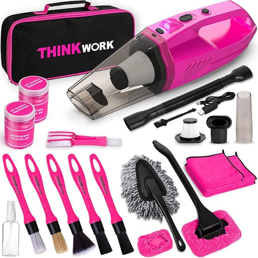 THINKWORK Car Detailing Kit Interior Cleaner, Car Cleaning Kit with 8000PA Cordless Pink Handheld Vacuum Cleaner, Car Interior Detailing Brush Set, Pink Car Accessories, Gift for Women