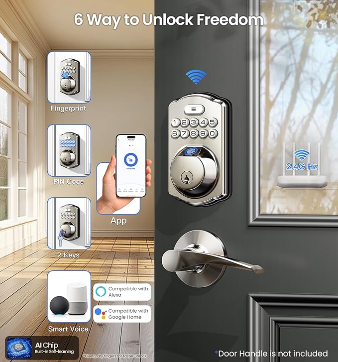 Veise VE012W Built-in WiFi Fingerprint Smart Lock, App Remote Control, No Hub Needed, Keyless Entry, Front Door Smart Deadbolt, Digital Keypad, Auto Lock, IP55 Waterproof, BHMA Grade 3, Satin Nickel