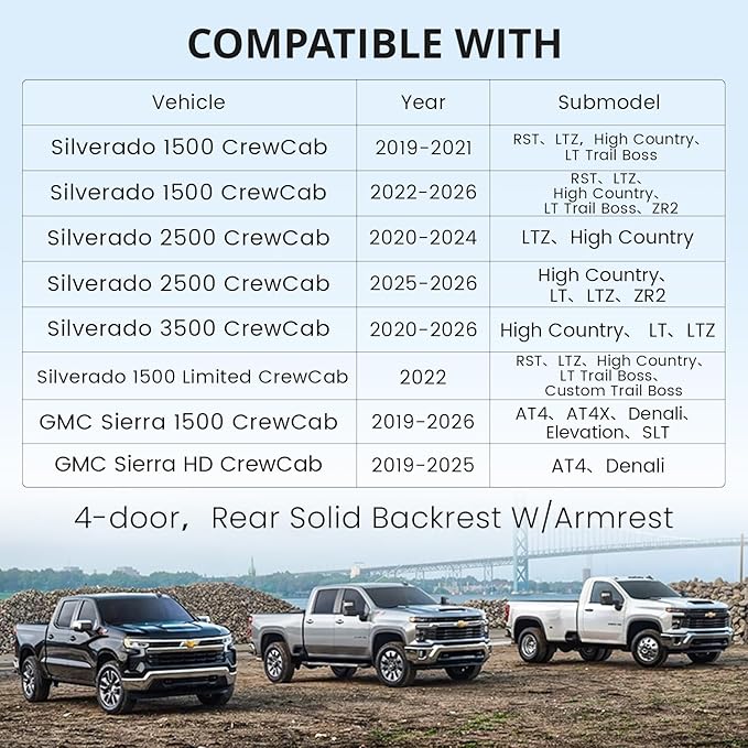 EKR Silverado Seat Covers Custom Fit for (Crew Cab) 2019-2026 Chevrolet Silverado 1500/1500 Limited/HD 2500/3500, Rear Row W/Armrest,Faux Leather(Black with White Trim)