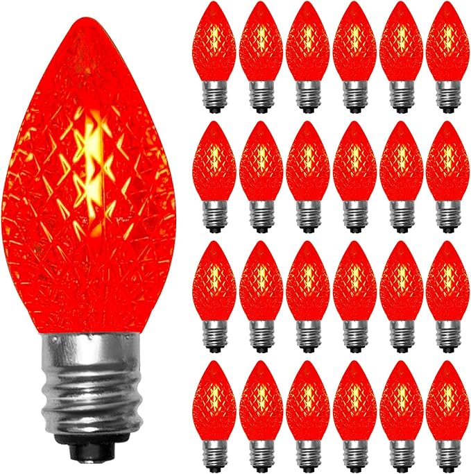 25 Pack C7 LED Replacement Light Bulbs, Shatterproof Christmas C7 LED Red Lights Bulbs for Outdoor String Lights Patio Party Window Candles Chandelier Decor, E12/C7 Candelabra Base, 2700K Warm White
