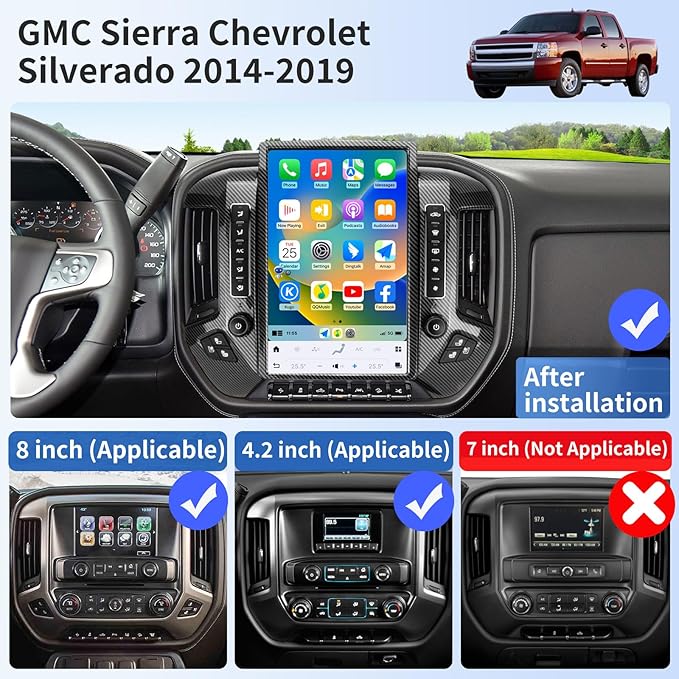 Car Radio for GMC Sierra Chevrolet Silverado 2014-2019 Stereo Radio Replacement Upgraded 8+128G 14.4 Inches 2K Screen Tesla Style Carplay Android Auto GPS Navigation OEM 8 & 4.2 Inch (Carbon Fibre)