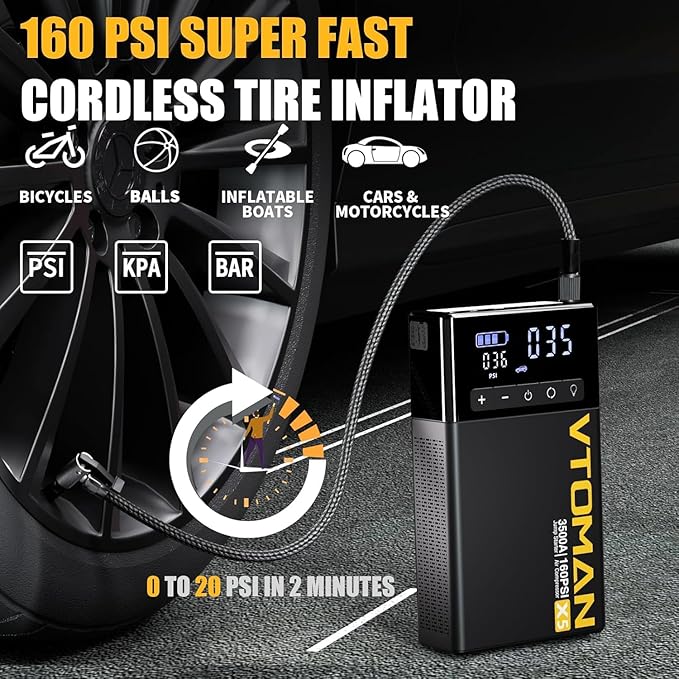 VTOMAN X5 Jump Starter with Air Compressor, 3500A Portable Car Battery Booster (Up to 9L Gas/8L Diesel Engines) with 160PSI Digital Tire Inflator, 12V Lithium Battery Jump box with Type-C Quick Charge