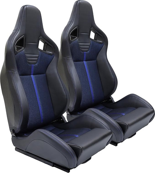 1 Pair Universal Bucket Racing Seats, Bucket Seats with Dual Lock Sliders, Black and Blue PVC Leather, 165° Adjustment Carbon Back, For Car Use, Not Including Seat Bracket