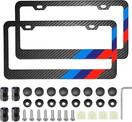 YOSRTER 2PCS Aluminum License Plate Frame for All BMW Accessories Tri-Color License Plate Cover Frame Matte License Plate Cover Car Front and Rear Decoration（Carbon Fiber Blue/Purple/Red）