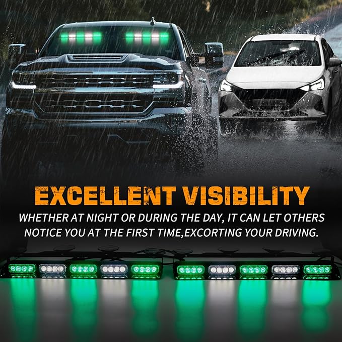XRIDONSEN 2x 17 inch Green White Emergency Lights for Vehicles 40 LED Emergency Dash lights Interior Front/Rear Windshield Strobe Lights Safety Warning for Volunteer Firefighter Vehicles Trucks