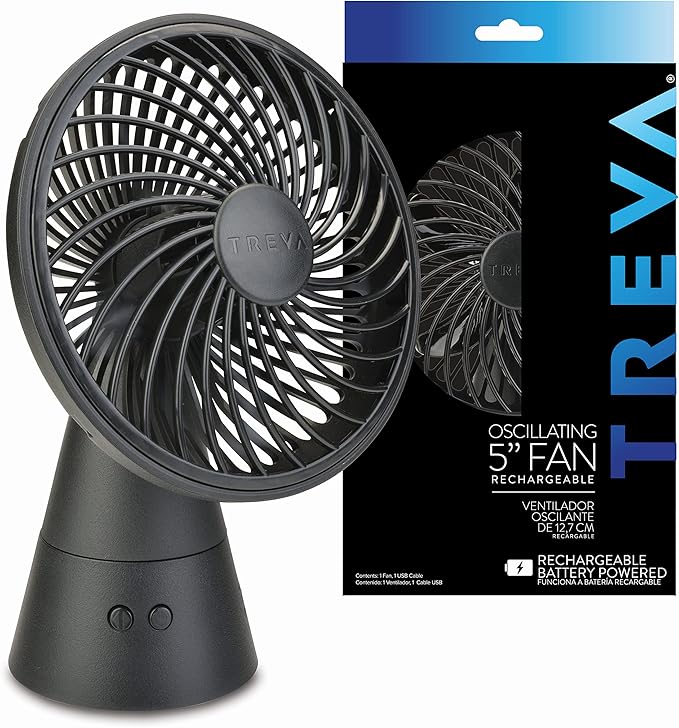 Treva 5 Inch Rechargeable Oscillating Fan with USB Charging Port, 3 Speed Circular Cooling Design, Portable Fan with 60 Degrees of Range for Home or Travel