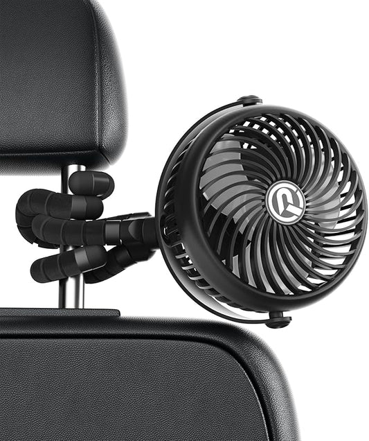 Rechargeable Car Fan for Backseat Kids Baby, 3-Speed Quiet with 5000mAh Battery, 360° Rotatable Rear Seat Passenger Cooling Fan, Cordless Portable Clip on Fans for Vehicle SUV Sedan RV