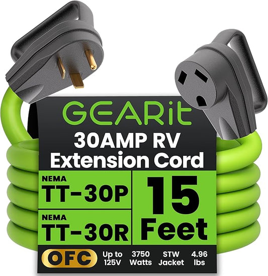 GEARit 30-Amp Extension Cord for RV and Auto, 125-Volt, 3-Prong, 10/3 STW 10AWG Gauge 3 Wire, NEMA TT-30P to TT-30R, Outdoor, Waterproof, Outdoor Camper Power Cord, 15 feet (4.5 Meters), Green