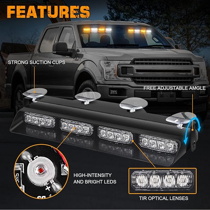 XRIDONSEN Emergency Dash Strobe Lights Safety Flashing Warning Hazard Interior Front/Rear Windshield Deck Split Light Bar w/Suction Cups for Construction Vehicles Trucks (2x14 inch, Amber White)