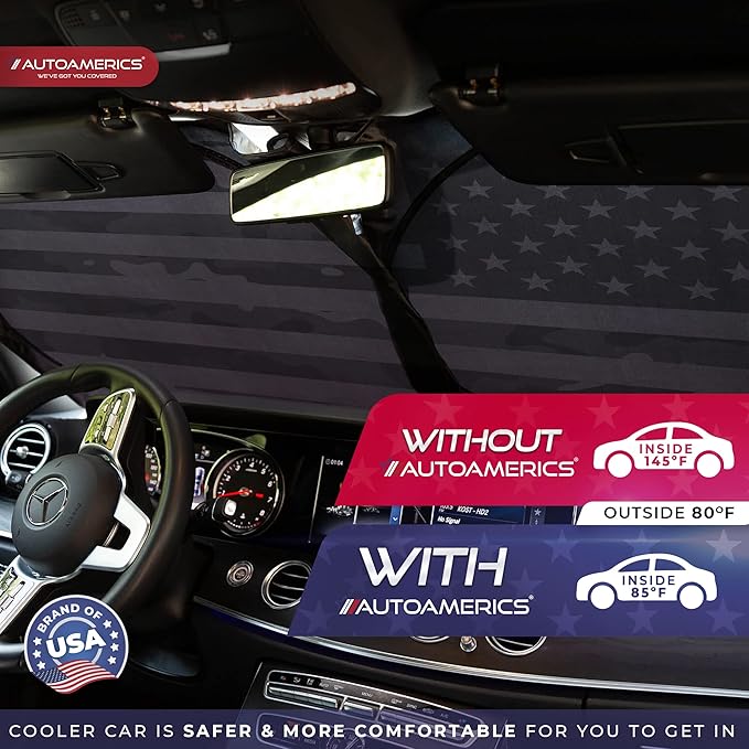 Autoamerics 1-Piece Windshield Sun Shade B&W Camo American Flag USA Design - Foldable Car Front Window Sunshade for Most Sedans SUV Truck - Blocks Max UV Rays and Keeps Your Vehicle Cool - Medium