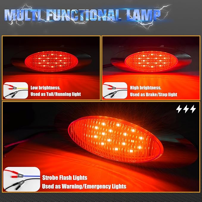 PSEQT 6.5'' Strobe Flash+High/Low Lights Red 3 Function Trailer LED Side Clearance Tail Marker Oval Lights 16LED Brake Stop Turn Running Lamp Waterproof for Truck Pickup Caravan RV Bus, 5Pcs
