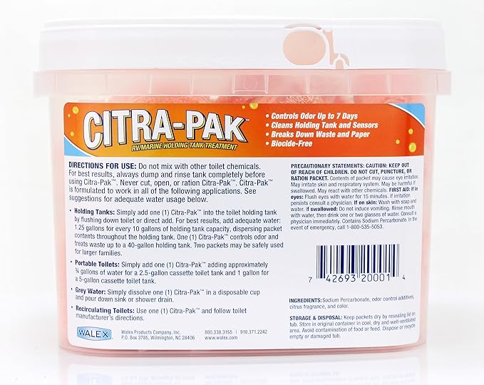 Walex Citra-Pak RV/Marine Holding Tank Deodorizer Drop-Ins - Waste Breakdown & Odor Control, Cleans Holding Tank & Sensors, Biocide-Free, Treatment for RVs, Boats, & Portable Toilets - Citrus, 30 Pack