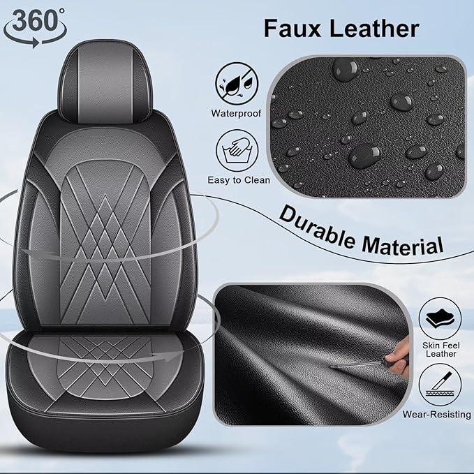 YORKNEIC Car Seat Covers Front Set fit for Jeep Patriot 2007-2017, Waterproof Faux Leather Seat Covers Ergonomic Comfort Easy Install (2 Front Set, Black&Gray)