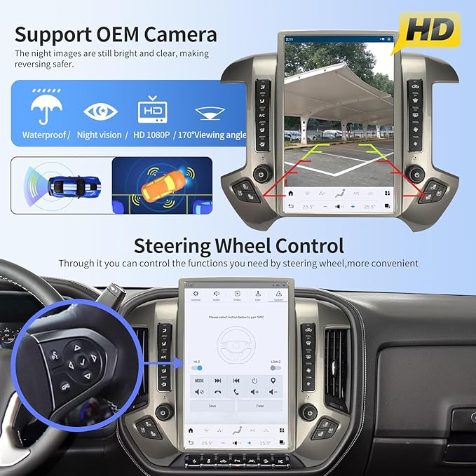 Car Radio for GMC Sierra Chevrolet Silverado 2014-2019 Stereo Radio Replacement Upgraded 8+128G 14.4 Inches 2K Screen Tesla Style Carplay Android Auto GPS Multimedia Player OEM 8 & 4.2 Inch (Silvery)