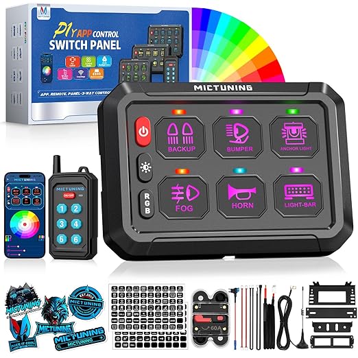 MICTUNING P1Y 6 Gang Switch Panel, Remote and APP Control, Up to 230FT, Adjustable Strobe Pulse Momentary, 6-Level Dimming, 12-24V Waterproof Multifunction Toggle Switch for Car Boat RV Truck Offroad