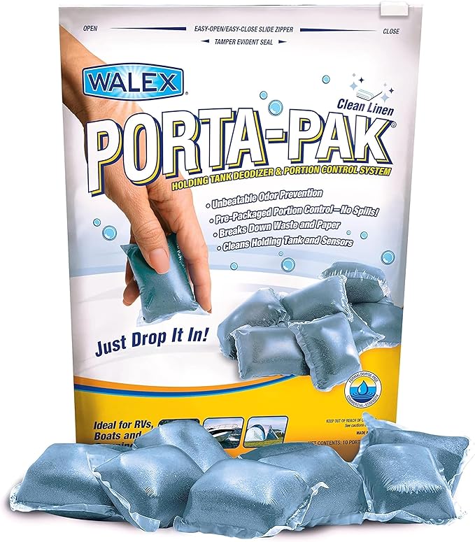 Walex Porta-Pak Black Holding Tank Deodorizer & Portion Control System Drop-Ins - Rapid Breakdown of Waste & Paper, Odor Prevention, Cleans Tank & Sensors - Clean Linen, 10-Pack