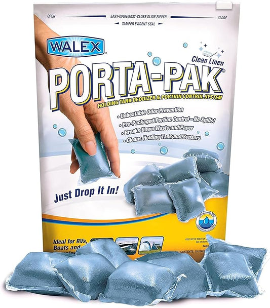 Walex Porta-Pak Black Holding Tank Deodorizer & Portion Control System Drop-Ins - Rapid Breakdown of Waste & Paper, Odor Prevention, Cleans Tank & Sensors - Clean Linen, 10-Pack