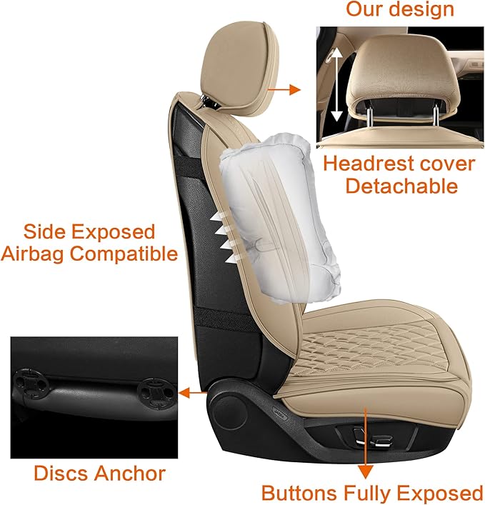 Pariitadin Leather Car Seat Covers Front Pair, Waterproof Breathable Faux Leather Automotive Seat Covers for Cars, Non-Slip Car Interior Covers Universal Fit Most Cars Sedans Trucks SUVs, Beige