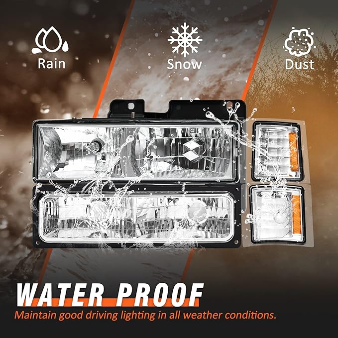 1994-1998 Chevy Silverado Headlights Assembly for 1994-1998 Chevy Silverado/Tahoe/Suburban/C10 Chrome Housing Amber Reflector Replacement Driver and Passenger Side