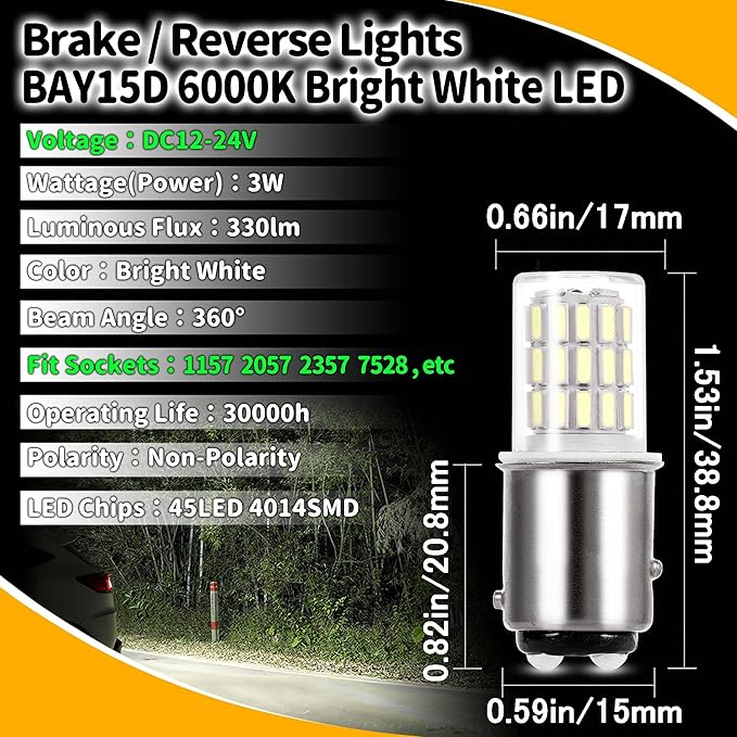 12 Volt Brake Lights 1157 2057 2357 7528 BAY15D 6000K Bright White LED Bulbs Replacement for RV Car Camper Trailer Tail Brake Stop Daytime Running Lights (DRL)Back-Up Reverse Lights,DC12-24V,4Pack