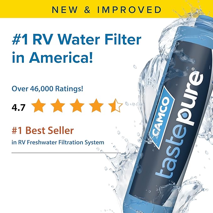 Camco Tastepure RV Water Filter - Advanced RV Inline Water Filter with Flexible Hose Protector - GAC & KDF Filtration - Made in USA - Camping Essentials for Fresh Drinking Water (40043)