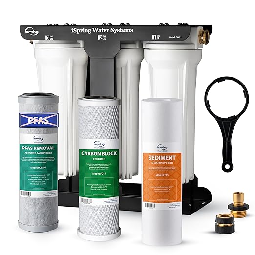 iSpring 3-Stage RV Water Filter System, SGS-Tested PFAS Removal, Reduces Chlorine, Lead, Sediment, Rust, and Odors, Leak-Free Brass Fittings, Quick Connectors, External Mounting Bracket, Model:CW31-PF