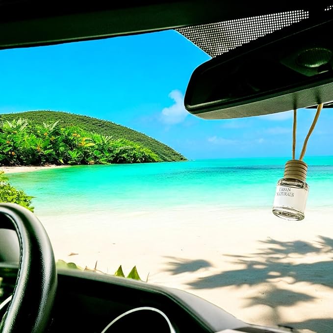 Urban Naturals Car Air Freshener Diffuser 3 Pack - Tropical Breeze Scent, 45+ Days Long Lasting Fragrance, Made in USA, Glass & Wood, Hanging Design + Vent Cip, Easy to Use