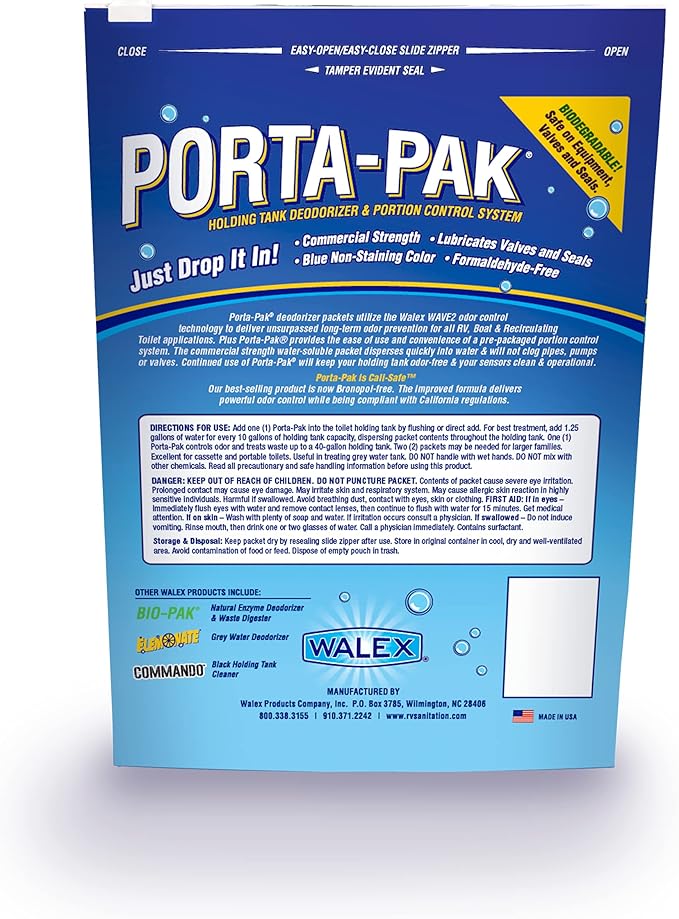 Walex Porta-Pak Black Holding Tank Deodorizer & Portion Control System Drop-Ins - Rapid Breakdown of Waste & Paper, Odor Prevention, Cleans Tank & Sensors - Fresh Scent, 10-Pack