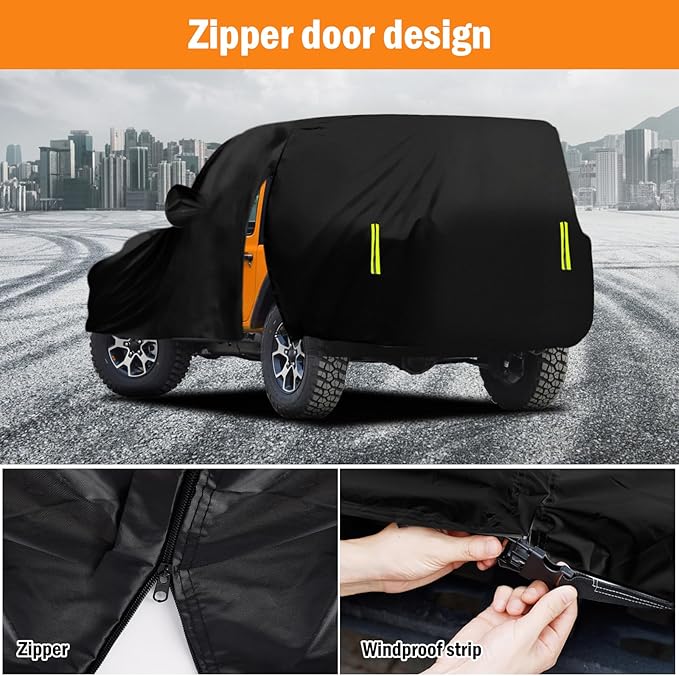 Waterproof Car Cover for Jeep Wrangler 2 Door 1987-2025 JK JL CJ YJ TJ Outdoor Sun Rain Snow Hail Protection with Driver Door Zipper