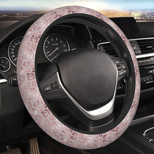 Rose Gold Leopard Steering Wheel Cover for Women & Men – Universal 15 Inch Car Accessories, Non-Slip & Stylish Design, Fits Most Cars, SUVs, and Auto