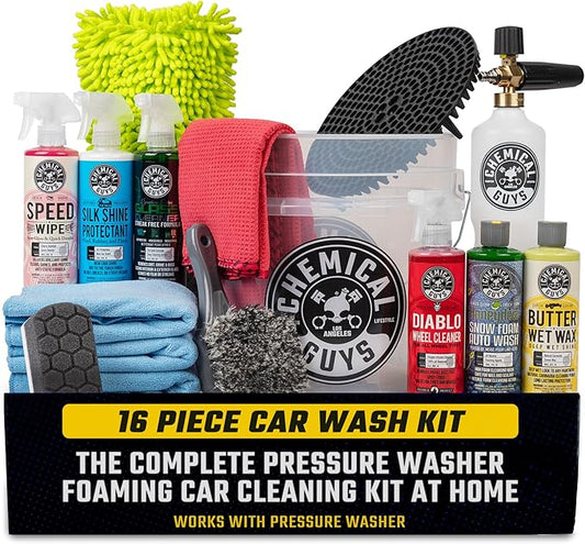 Chemical Guys 16-Piece Arsenal Builder Car Wash Kit with Foam Cannon, Bucket, and 6 x 16 oz Car Care Chemicals - Works with Pressure Washers for Cars, Trucks, SUVs, Motorcycles, and More