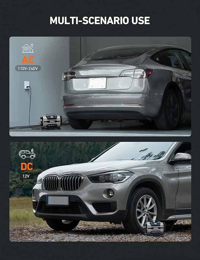 AstroAI Tire Inflator Portable Air Compressor Pump 150PSI 12V DC/110V AC with Dual Metal Motors&LED Light, Automotive Car Accessories&Two Modes for Car, Bicycle Tires and Air Mattresses, Gray