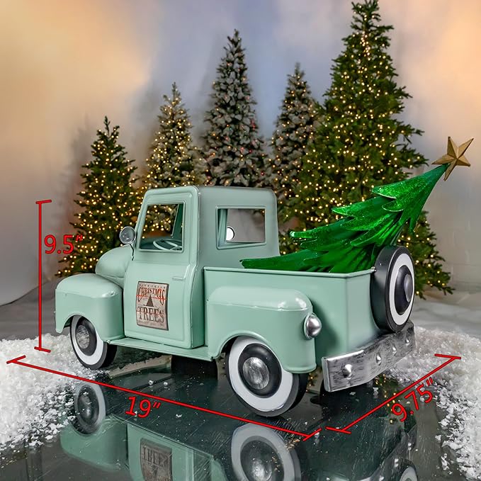 Zaer Ltd. Metal 18.5" Long Multi-Seasonal Christmas and Harvest Pickup Truck with Metal Tree, Pumpkins, and Matching Side-Magnet Sets (Soft Green)