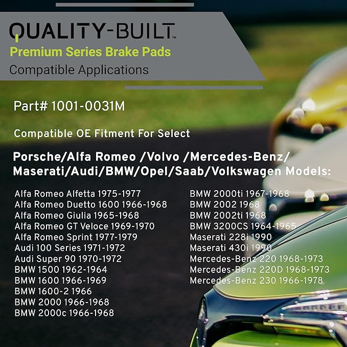 QUALITY-BUILT Premium Semi-Metallic Front Brake Pads 1001-0031M Compatible with 1955-2004 Alfa Romeo/Audi/BMW/Maserati/Mercedes-Benz/Opel/Porsche/Saab/Volkswagen/Volvo (100 Series,145,1500,1600,1600-)