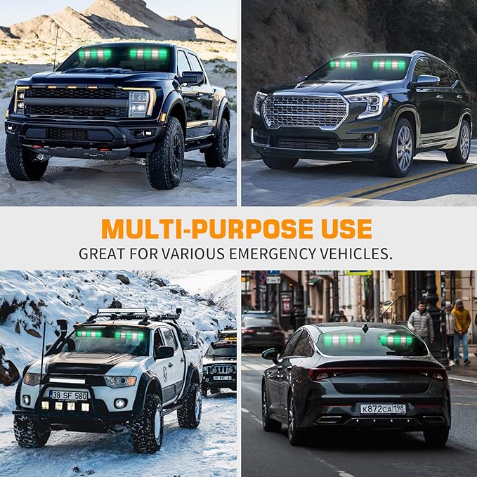 XRIDONSEN 2x 17 inch Green White Emergency Lights for Vehicles 40 LED Emergency Dash lights Interior Front/Rear Windshield Strobe Lights Safety Warning for Volunteer Firefighter Vehicles Trucks