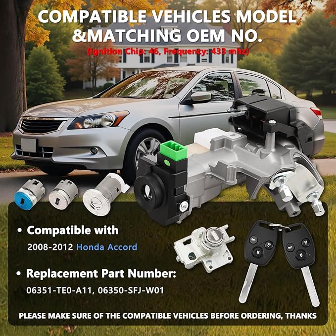 RAMATA 06351-TE0-A11 Ignition Switch Lock Cylinder with Key (with Blank Chip) Compatible with 2008 2009 2010 2011 2012 Honda Accord (Ignition Chip: 46,Frequency: 433mHz)