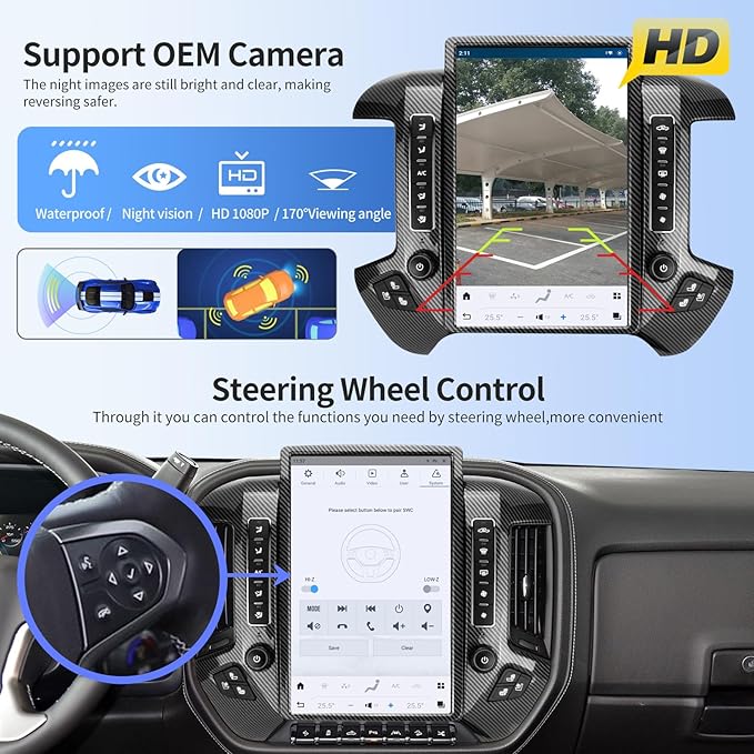 Car Radio for GMC Sierra Chevrolet Silverado 2014-2019 Stereo Radio Replacement Upgraded 8+128G 14.4 Inches 2K Screen Tesla Style Carplay Android Auto GPS Navigation OEM 8 & 4.2 Inch (Carbon Fibre)